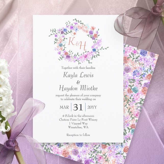 Invitación Morado, azul, rosa, Boda de Rosas Peach Wreath (pastel spring springtime flowers pink purple blue mauve colorful wedding invitations roses wreath)