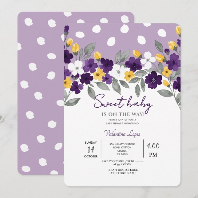 Invitación Morado | Baby Shower de flores coloridas (Anverso / Reverso)