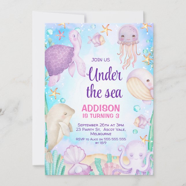 Invitación Morado bajo el mar Criaturas Criaturas Cumpleaños (Anverso)