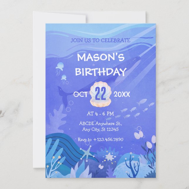 Invitación Morado bajo el mar criaturas cumpleaños (Anverso)
