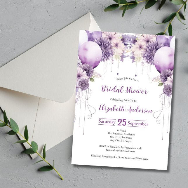 Invitación Morado Balón acuarela Florencia Bridal Shower (Purple Balloons and Flowers Arch Bridal Shower Invitation. Watercolor Elegant)