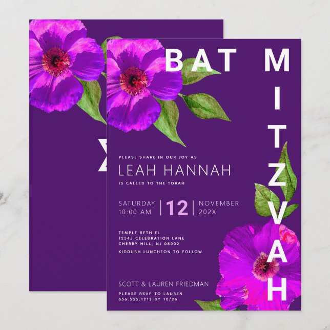 Invitación Morado Bat Mitzvah Agua Floral Rosa Moderna (Anverso / Reverso)