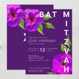 Invitación Morado Bat Mitzvah Agua Floral Rosa Moderna