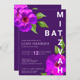 Invitación Morado Bat Mitzvah color de agua rosado floral mod