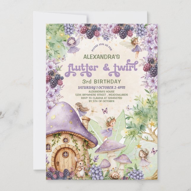 Invitación Morado Berry Flutter & Twirl Fairy 3 cumpleaños (Anverso)
