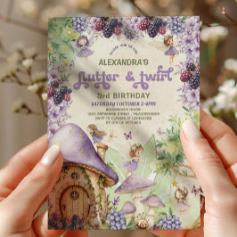 Invitación Morado Berry Flutter & Twirl Fairy 3 cumpleaños