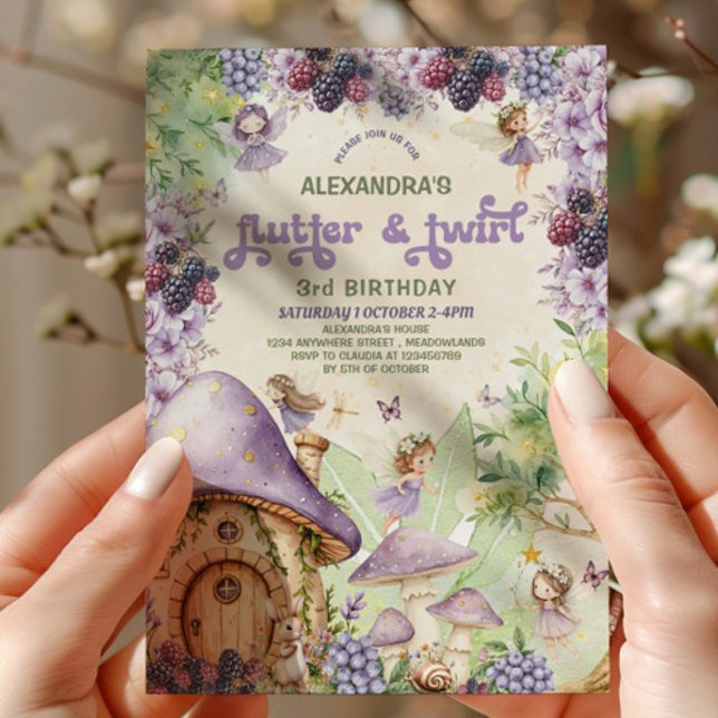 Invitación Morado Berry Flutter & Twirl Fairy 3 cumpleaños (Subido por el creador)