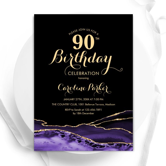 Invitación Morado Black Gold Agate 90 cumpleaños (Subido por el creador)