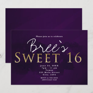 Invitación Morado Black & Gold SWEET 16 Moda Fiesta de cumple