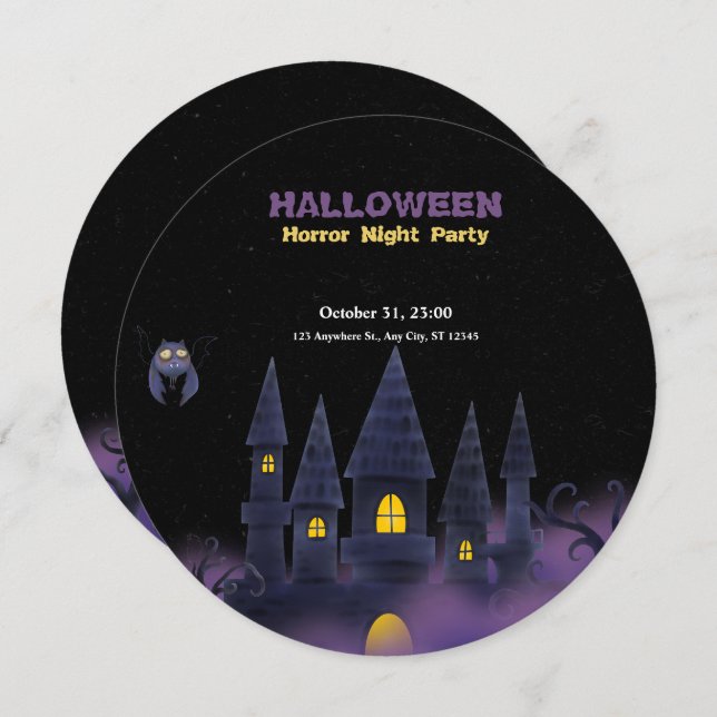 Invitación Morado Black Playful Halloween (círculo de sm) (Anverso / Reverso)