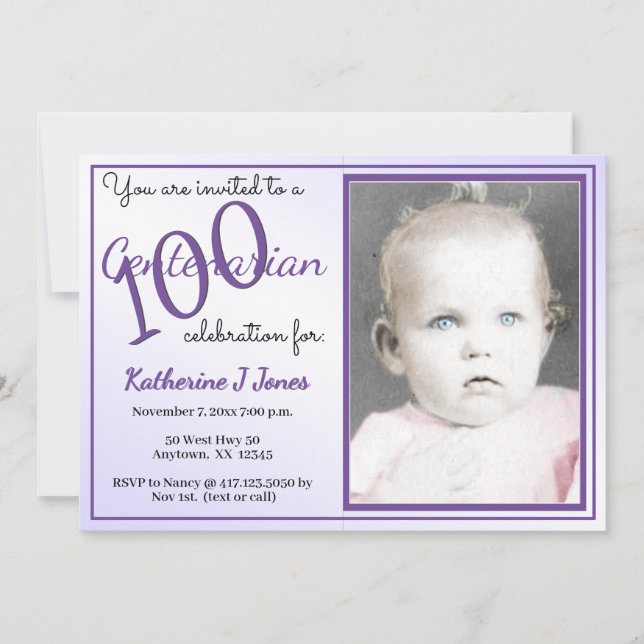 Invitación Morado/Blanco del centenario partido de cumpleaños (Anverso)