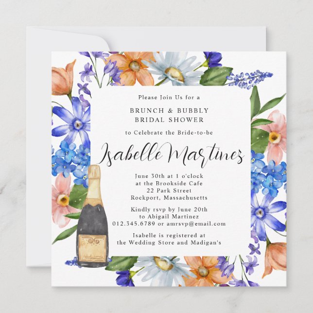 Invitación Morado Blue Pink Floral Brunch & Bubbly Shower (Anverso)