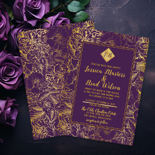 Invitación Morado Boda floral vintage de aspecto Relieve me