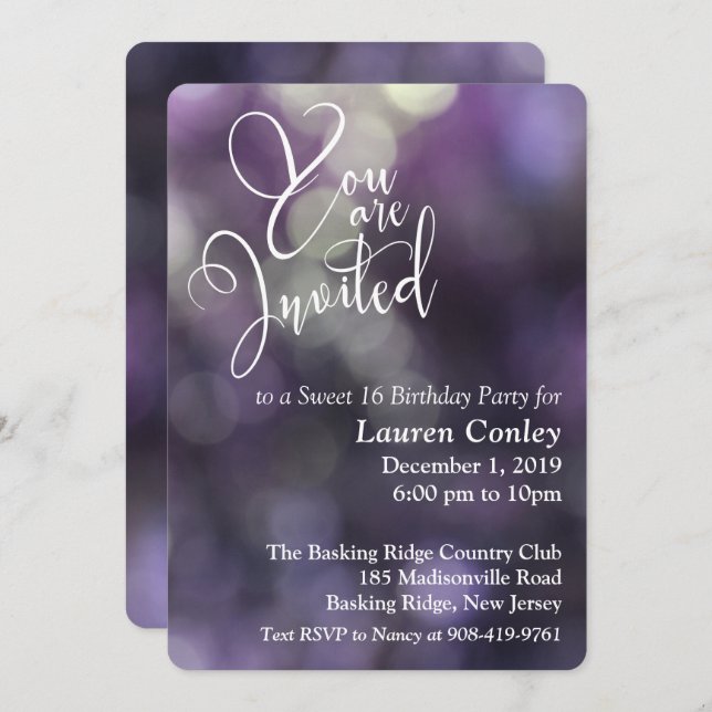 Invitación Morado Bokeh dulce claro Dieciséis 1 (Anverso / Reverso)