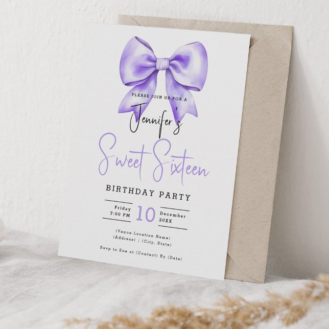 Invitación Morado Bow Coquette Cute Script Dulce 16 (Purple Bow Coquette Cute Script Sweet 16 Invitation)