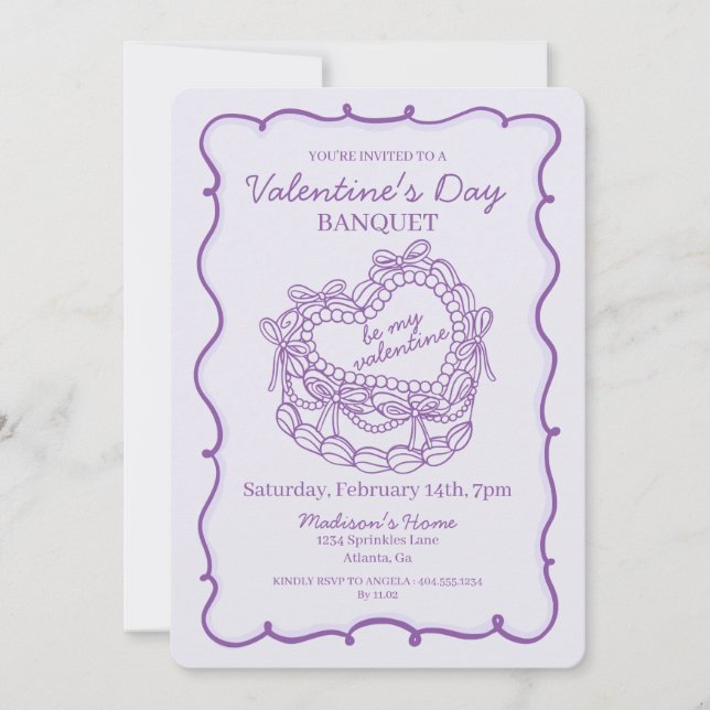 Invitación Morado Bow Retro Coquette Cake Valentine (Anverso)
