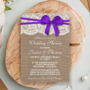 Invitación Morado Bow Rústico Burlap & Lace Wedding Ducha
