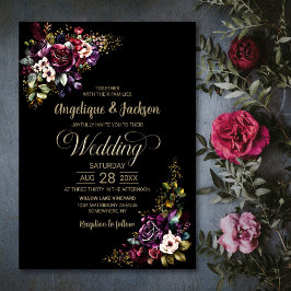 Invitación Morado Burgundy Boda floral negro
