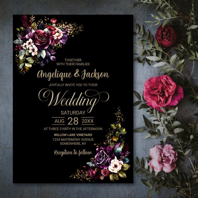 Invitación Morado Burgundy Boda floral negro (Subido por el creador)