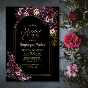 Invitación Morado Burgundy Floral Arco Negro Ducha Británica