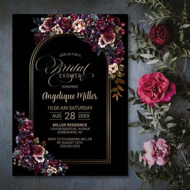 Invitación Morado Burgundy Floral Arco Negro Ducha Británica (Subido por el creador)