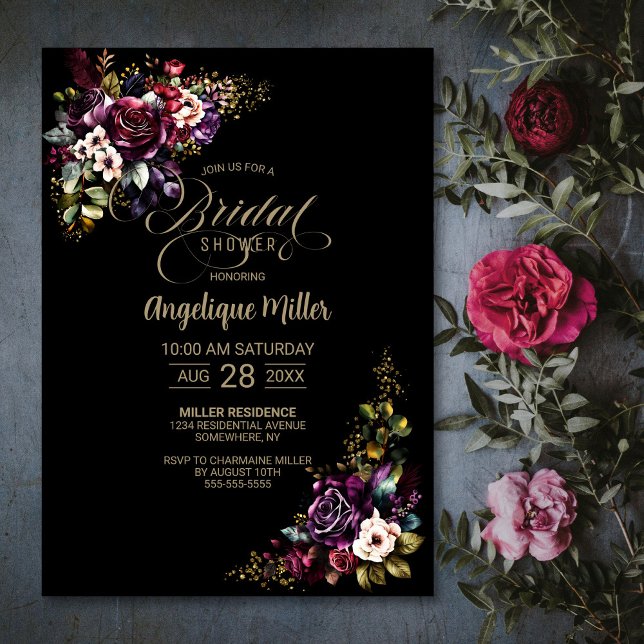 Invitación Morado Burgundy Floral Black Bridal Shower (Subido por el creador)