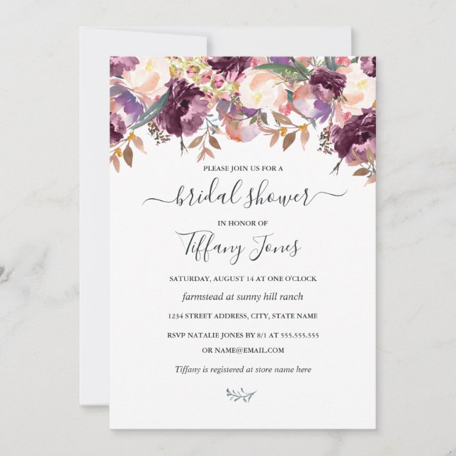 Invitación Morado Burgundy Floral Bloom Bridal Shower (Anverso)