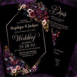 Invitación Morado Burgundy Floral Negra Todo En Un Boda