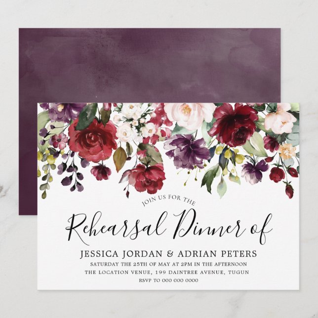 Invitación Morado Burgundy Rojo Rubor Ensayo Floral Cena (Anverso / Reverso)