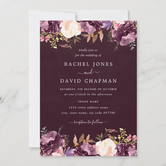 Invitación Morado Burgundy Watercolor Floral Bloom Boda (Anverso)