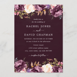 Invitación Morado Burgundy Watercolor Floral Bloom Boda