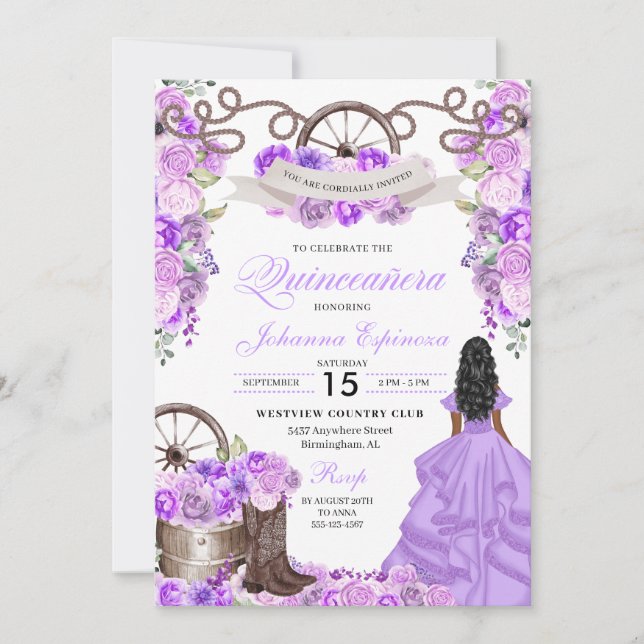 Invitación Morado Charra Princesa Occidental Quinceanera (Anverso)