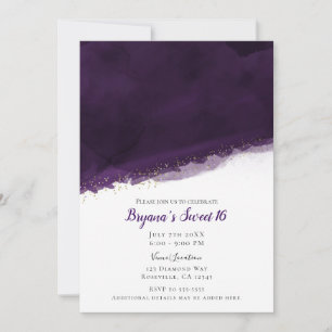 Invitación Morado Ciruela Aquarela y Dorado Moderno Chic Dulc