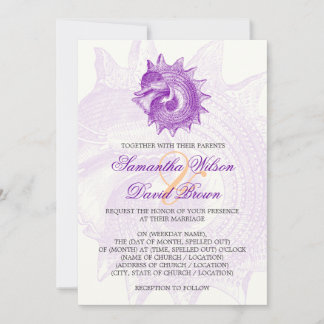 Invitación Morado con caparazón de molusco de bodas de playa