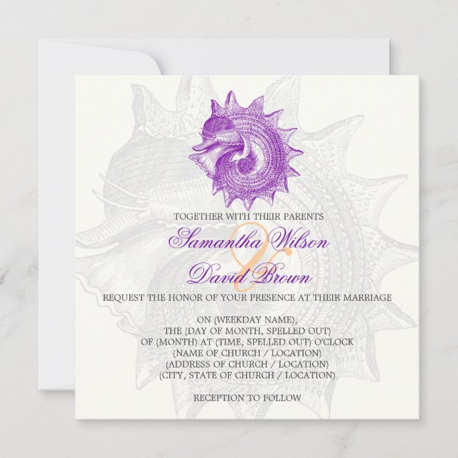 Invitación Morado con caparazón de molusco de bodas de playa (Anverso)
