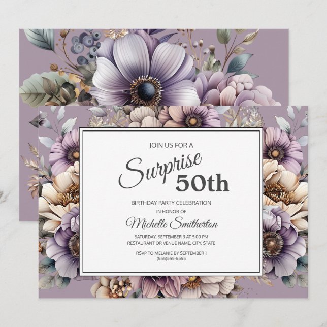 Invitación Morado Crema Taupe Sorpresa Floral 50 cumpleaños (Anverso / Reverso)