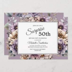 Invitación Morado Crema Taupe Sorpresa Floral 50 cumpleaños
