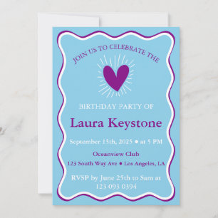 Invitación Morado de Berry, azul cielo y onda retro blanca