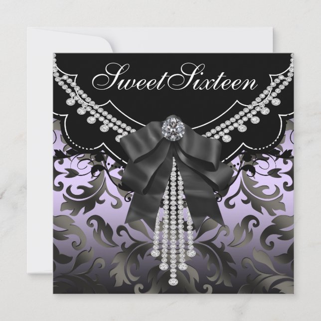 Invitación Morado de Damask negro dulce dieciséis Fiestas (Anverso)