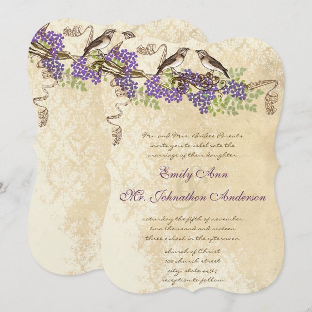 Invitación Morado de florecimiento verde deja Bodas de pájaro (Anverso / Reverso)