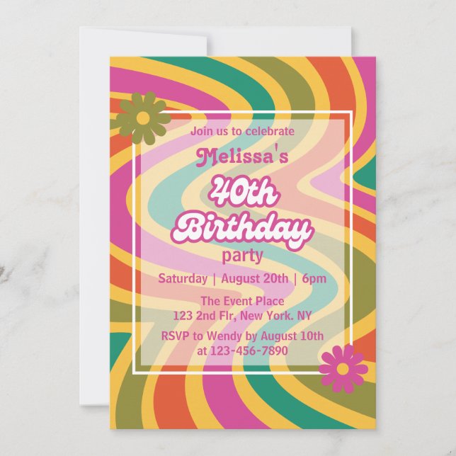 Invitación Morado de flores de la ola retro Groovy 40 cumplea (Anverso)