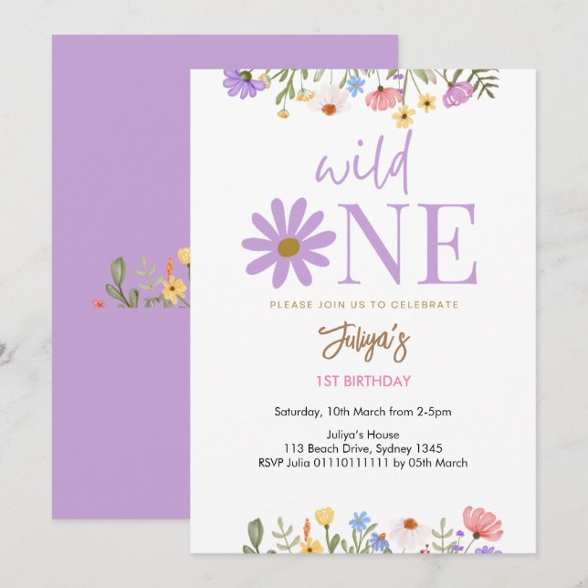 Invitación morado de flores silvestres 1er cumpleaños (Anverso / Reverso)