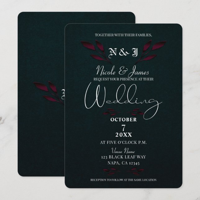 Invitación Morado de hojas negro moderno Glam Boda gótico (Anverso / Reverso)