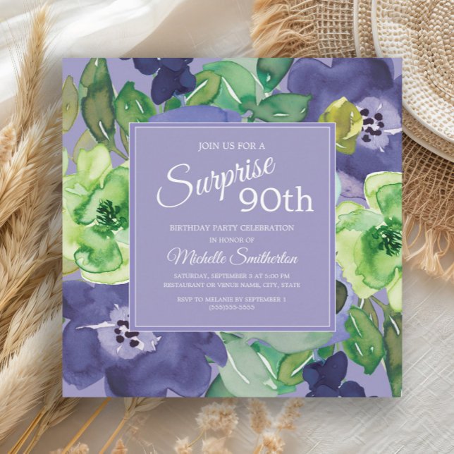 Invitación Morado de la Marina Verde acuarela Floral 90 cumpl (Blue watercolor floral and green leaves women's 90th birthday party invitation)