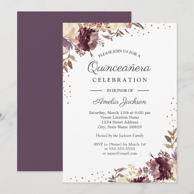 Invitación Morado de oro Floral acuarela Quinceanera Invitar (Anverso / Reverso)