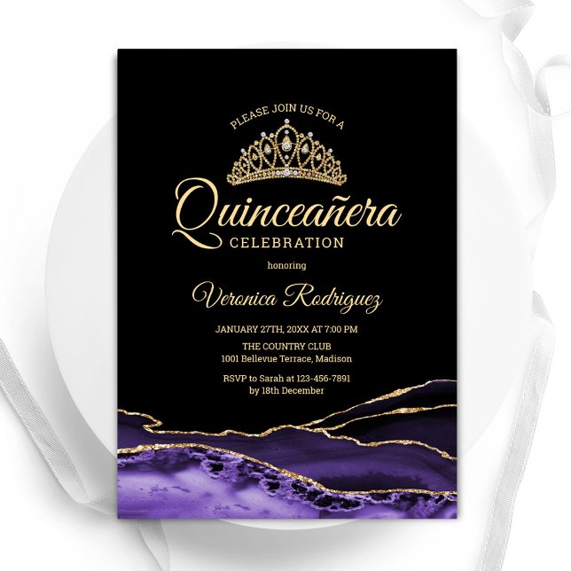 Invitación Morado de oro negro agitar Mármol Quinceanera (Subido por el creador)