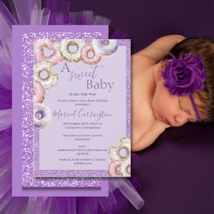 Invitación Morado Donuts Purpurina Watercolor Baby Shower