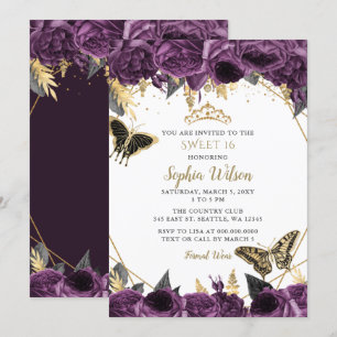 Invitación Morado dorado Floral Mariposa dulce 16