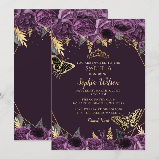 Invitación Morado dorado Floral Mariposa dulce 16 (Anverso / Reverso)
