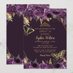 Invitación Morado dorado Floral Mariposa dulce 16